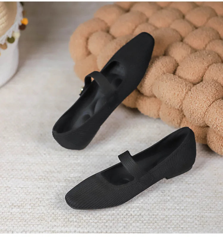 Stretchy Women Mary Jane Flats - Ribbed Knit For Spring
