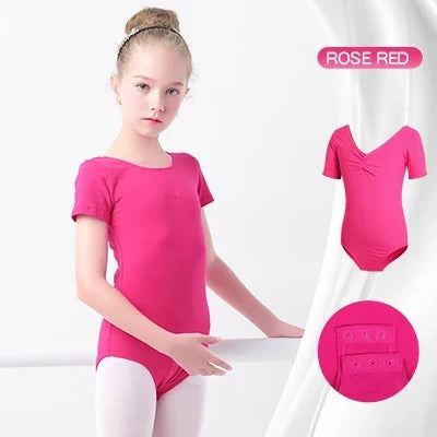 Soft girls ballet leotard - drawstring neckline, ruched front, cotton knit, for dance class