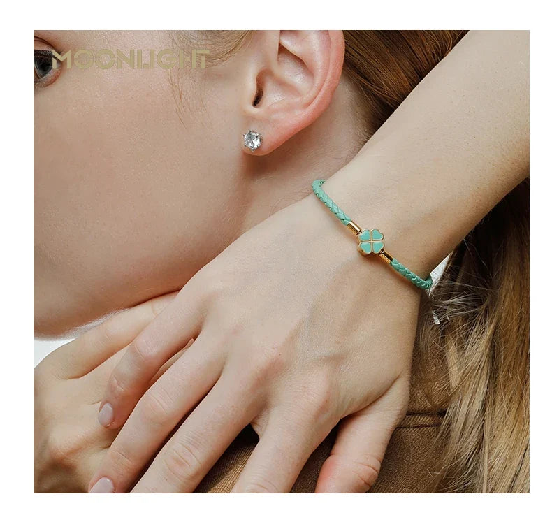 Four Leaf Clover Braided Leather Lucky Bracelet Gift