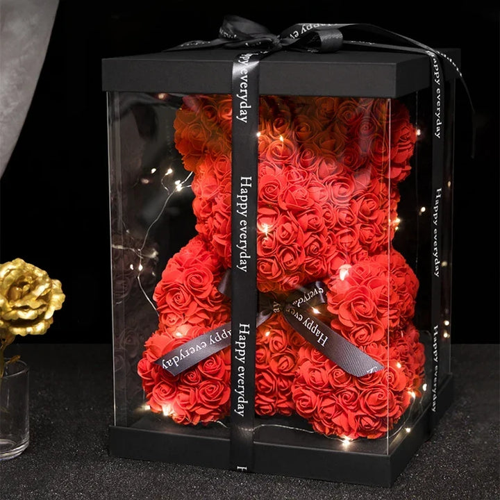 Faux Rose Teddy Bear with Gift Box and Lights - Romantic Anniversary or Valentine&