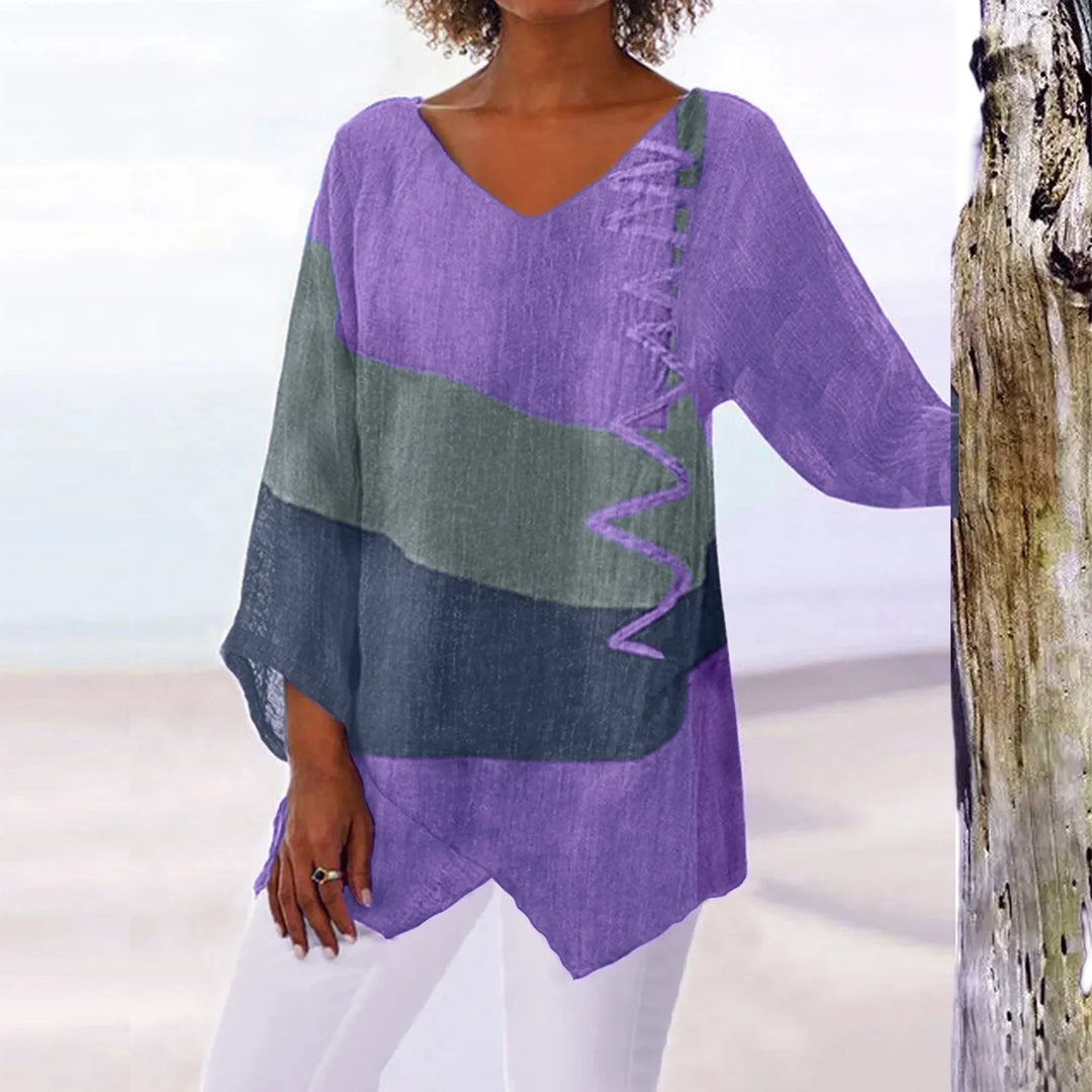 T Shirt Women New Fashion Casual V-Neck Long Sleeve Patchwork Top