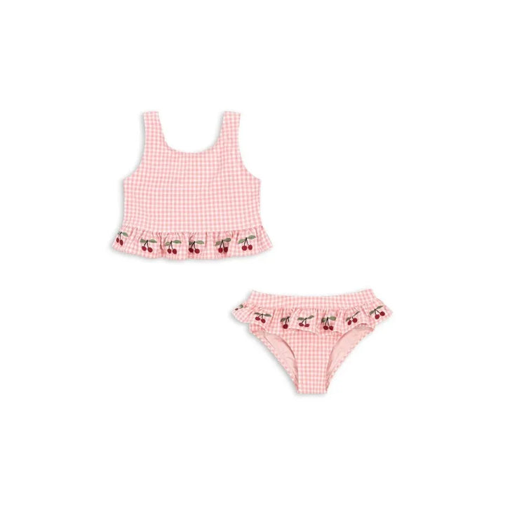Quick-dry girls’ swimwear - checkered cherry print bikini set, nylon, for summer vacation