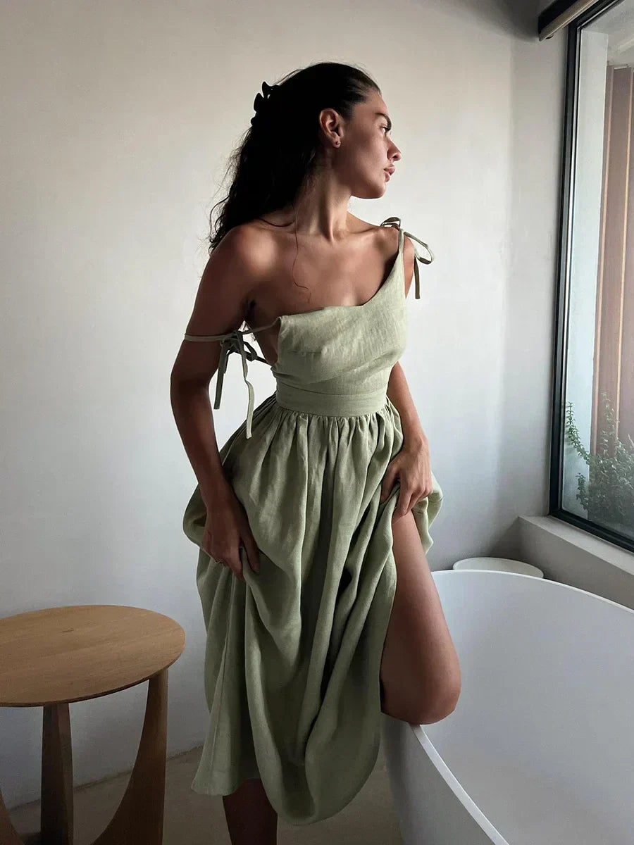Elegant Summer Rug in Natural Linen and Cotton Blend, A-Line Design, Backless with Adjustable Straps, Ankle Length, Machine Washable