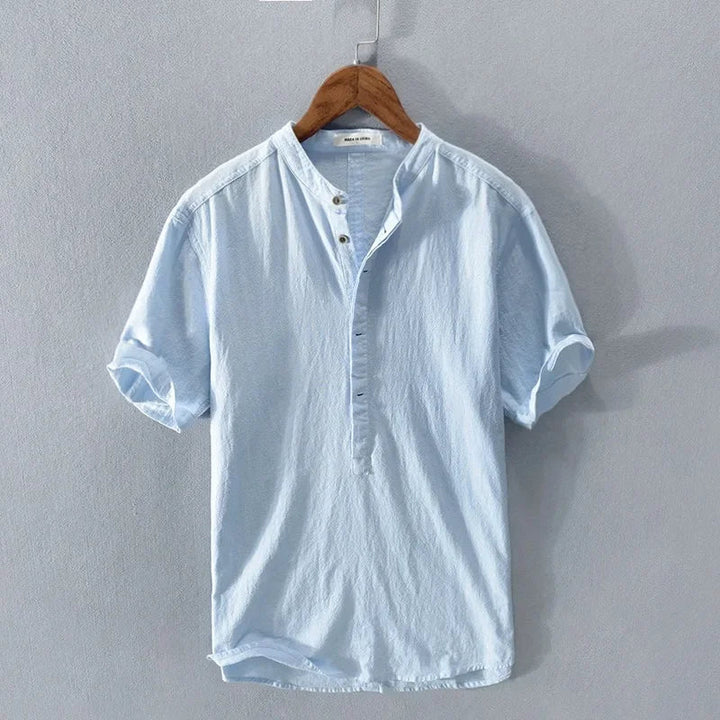 Breathable Cotton Linen Shirt High End Loose Fit, Short Sleeves Half-Open Collar