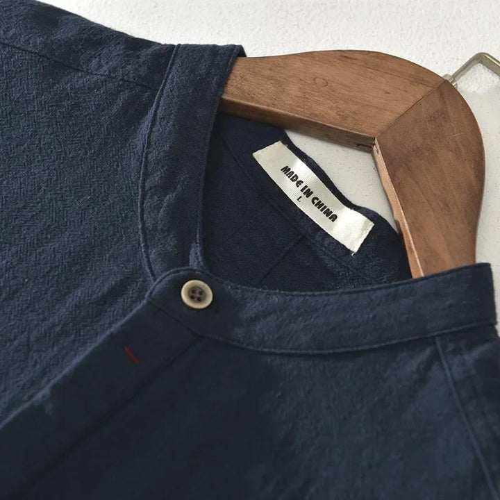 Breathable Cotton Linen Shirt High End Loose Fit, Short Sleeves Half-Open Collar