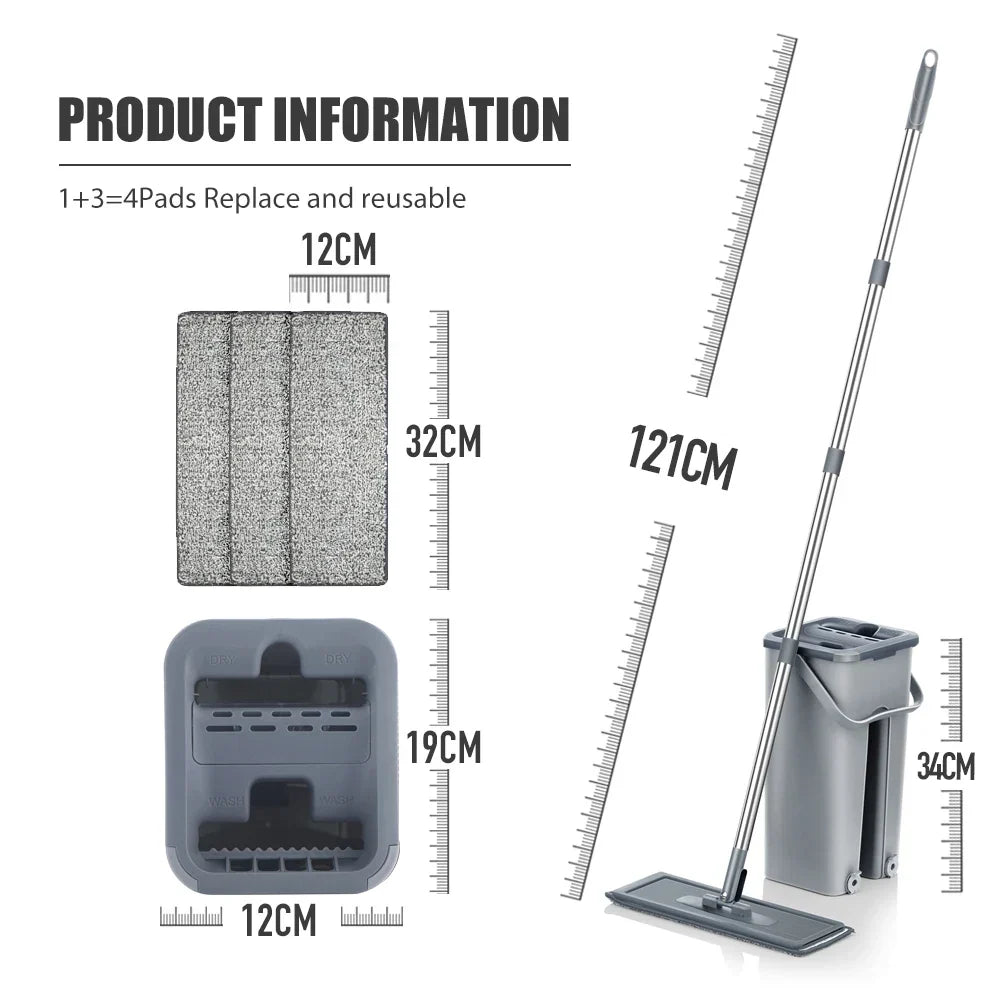 Household Cleaning Hand-Free Flat Floor Mop &amp; Bucket Set with Washable Microfiber 4x Pads