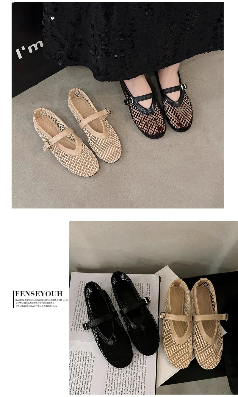 Breathable Women Mesh Ballet Flats - Strappy Round Toe