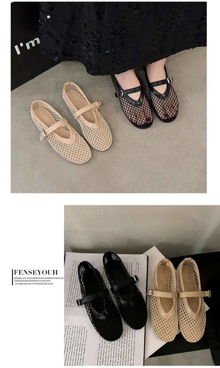 Breathable Women Mesh Ballet Flats - Strappy Round Toe