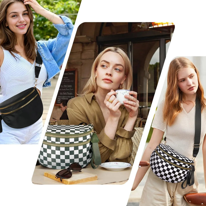 Versatile unisex crossbody bum bag – checkered nylon, box shape, travel and daily use
