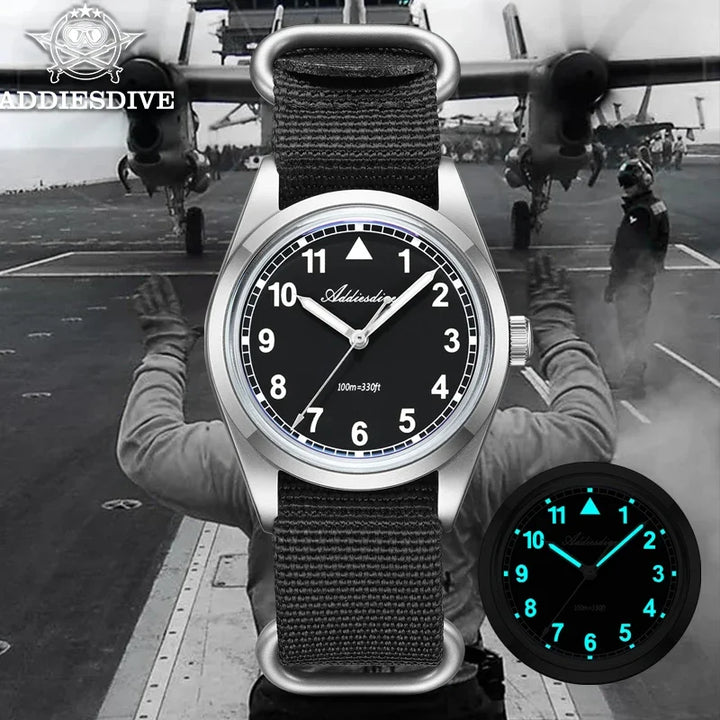 Waterproof Diver Quartz Watch Luminous Hands, Nylon Strap, 100m Water Resistance