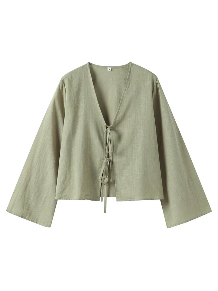 Stylish Long Sleeve Blouse with Openwork V-Neck and Lacing, Breathable Fabric for Spring Fashion