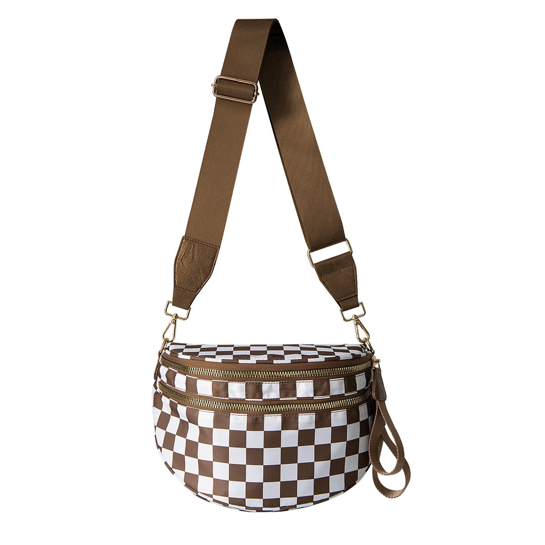 Versatile unisex crossbody bum bag – checkered nylon, box shape, travel and daily use
