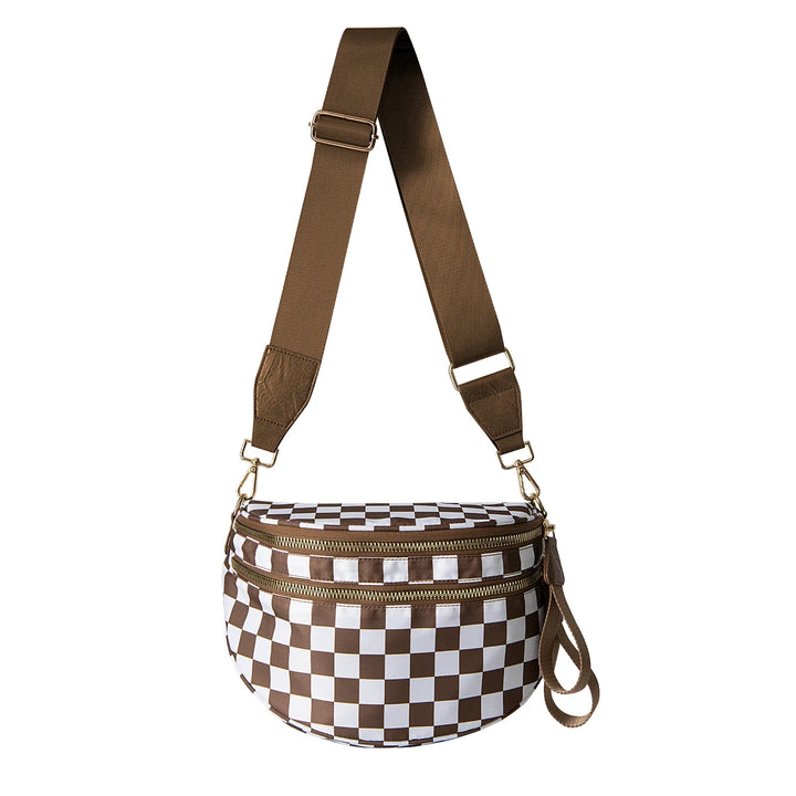 Versatile unisex crossbody bum bag – checkered nylon, box shape, travel and daily use
