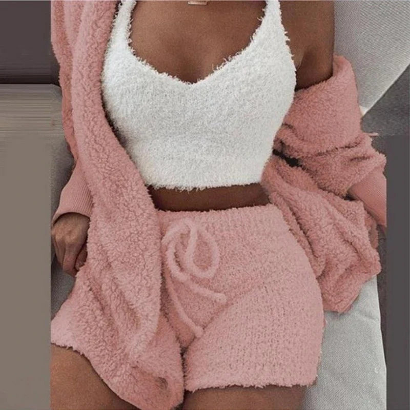 Fluffy Pajamas Set for Women Plus Size Tank Top Shorts Winter Sleepwear