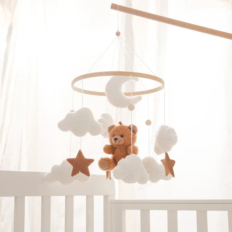 Wooden Crib Mobile Felt Bear Musical Newborn Sensory Toys