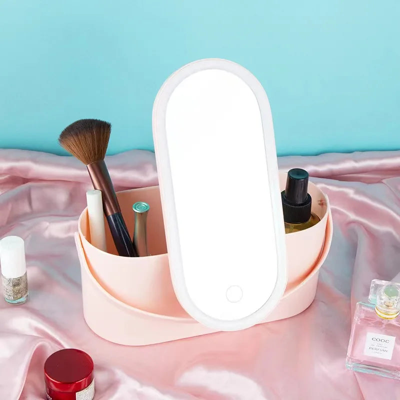 Makeup Organizer Box with LED Light Mirror - Portable Travel Makeup Case for Cosmetics Storage