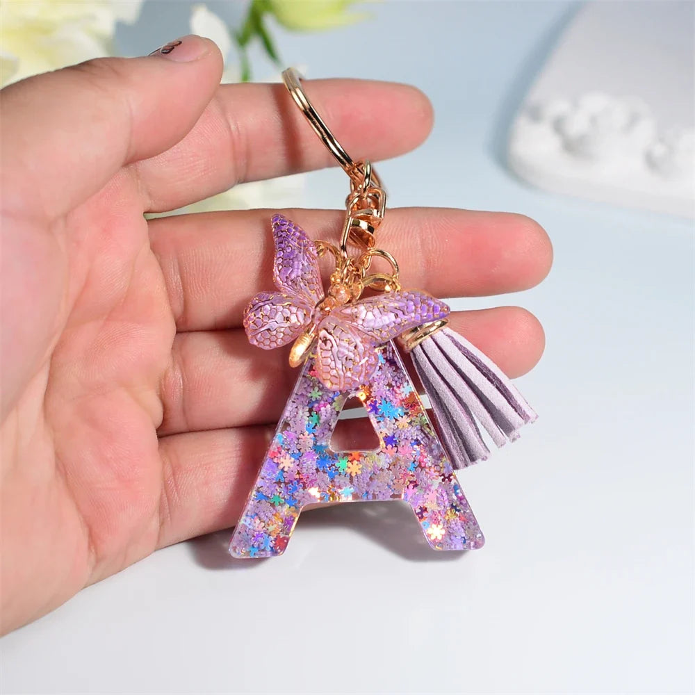 Sequin Letter Keychain With Butterfly Tassel Charm