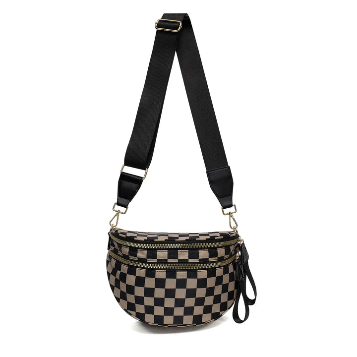 Versatile unisex crossbody bum bag – checkered nylon, box shape, travel and daily use