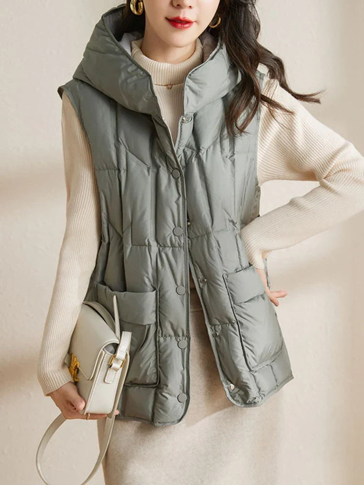 Lightweight Women’s Hooded Down Vest - Quilted Midlength