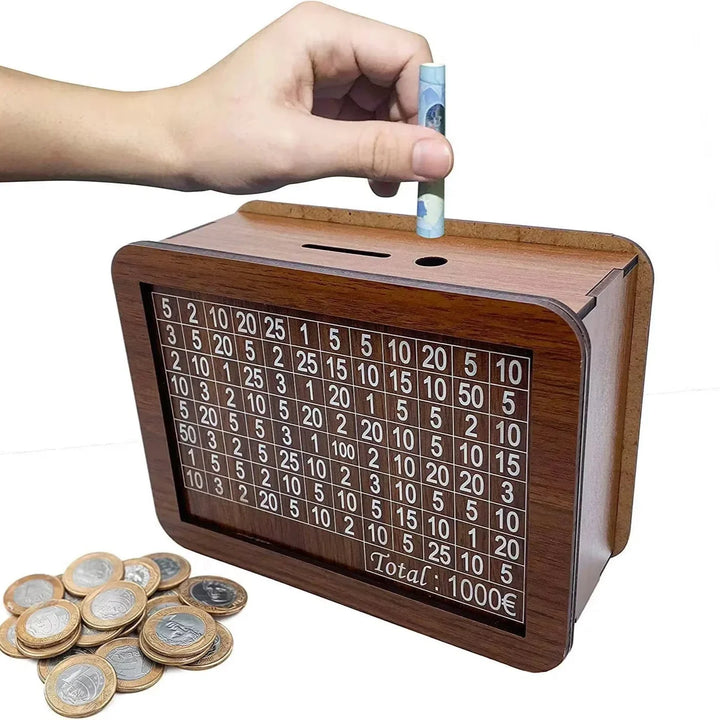 Money Wood Box Piggy Bank with Saving Goal for Kids