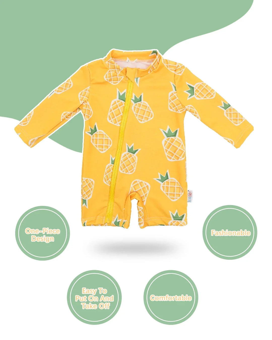 Breathable unisex long-sleeve rash guard - one-piece swimsuit, UPF 50+, pineapple print, for babies and toddlers