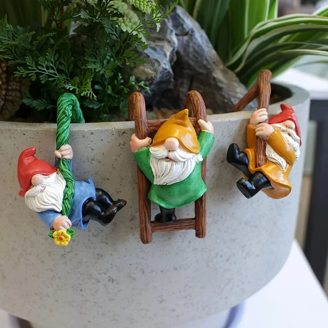 Garden Gnome Ornaments Set - 3pc Hanging Resin Dwarf Figurines For Mini Garden Micro Landscape Decor Outdoor Spring