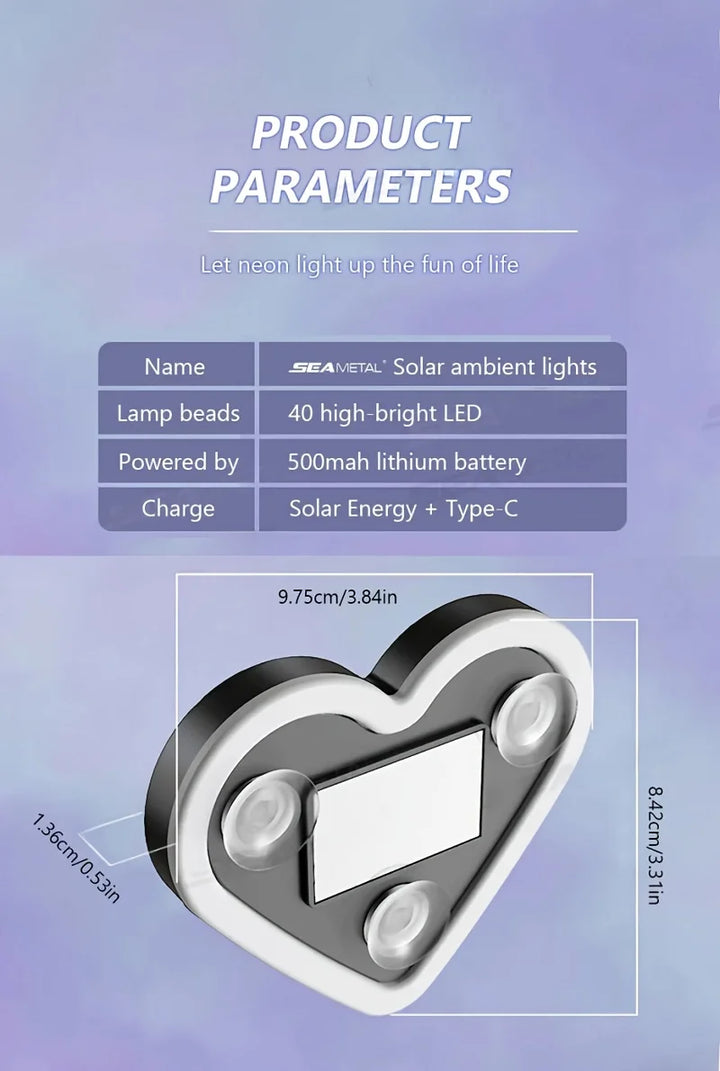Car Window Neon Light Heart Shaped LED Interior Lamp TikTok Viral Fall 2026 Solar Powered Wiring Free