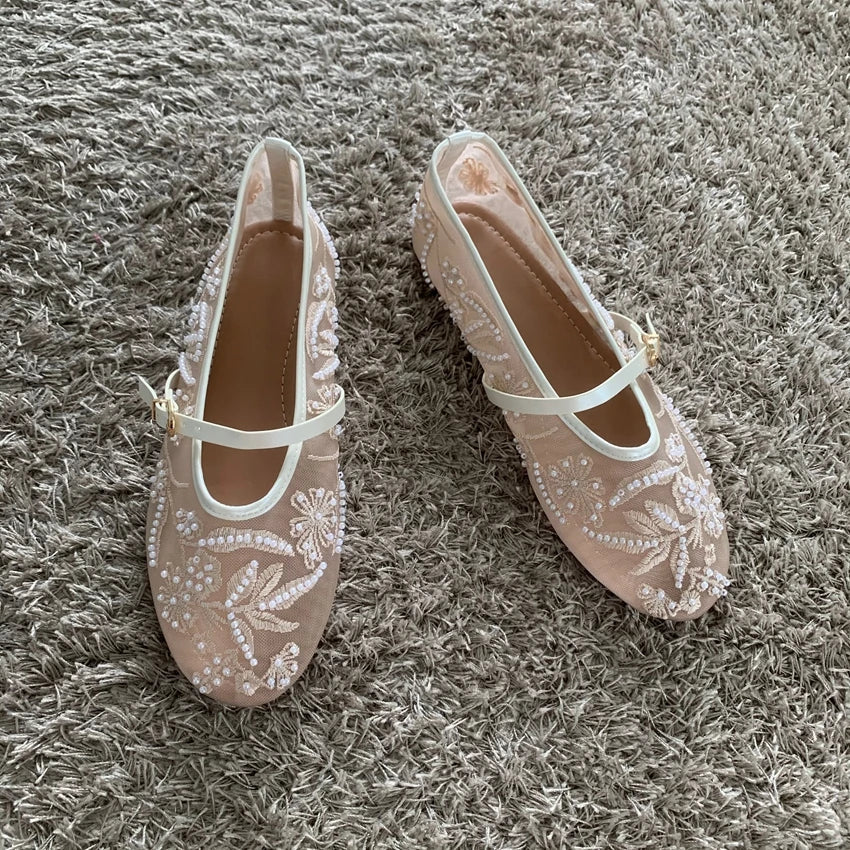 Breathable Women Ballet Flats - Mary Jane Mesh, Embroidered