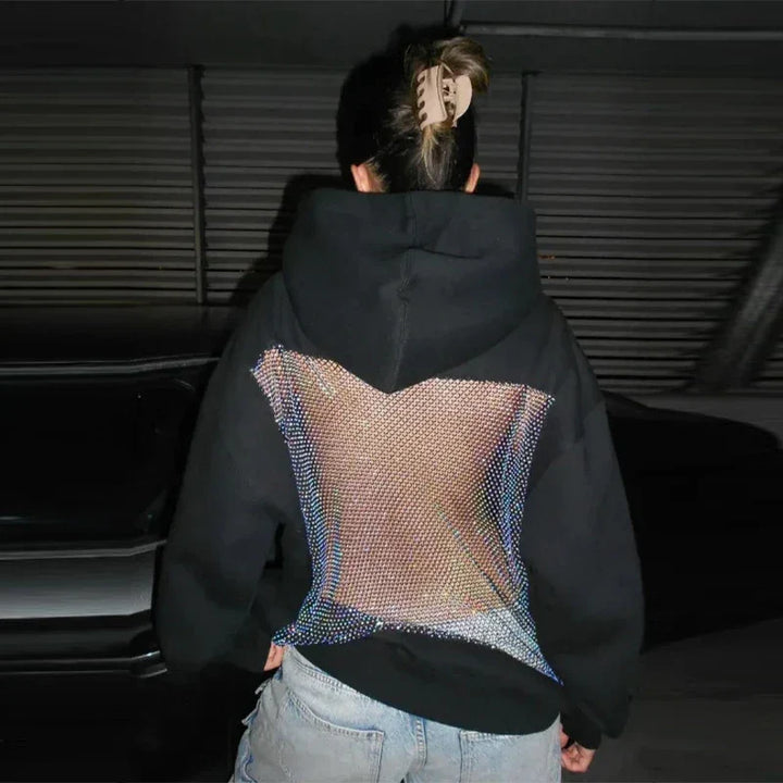 Oversized Relaxed Women’s Hooded Pullover - Boxy Hollow-Back Cut, Blended Fabric With Mesh Back, For Streetwear