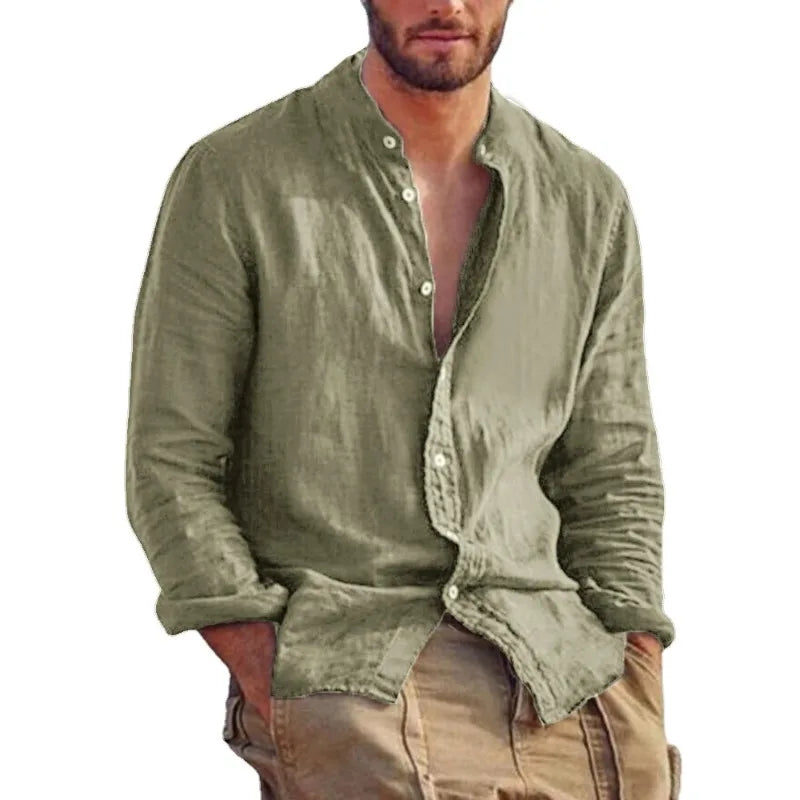 Men’s Cotton Shirt with Mandarin Collar, Lightweight Breathable Casual Summer Shirt in Tailored Fit