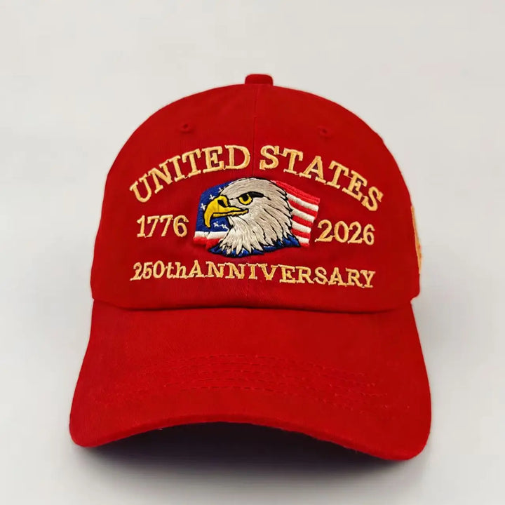Breathable unisex baseball cap - Eagle-embroidered, flag-patch, six-panel curved-brim, cotton crown, 250th anniversary