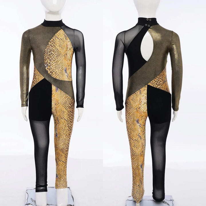 Stretchy Girls Unitard – Long Sleeve, Snakeskin, Polyester, Nylon, Elastane, For Ballet, Rhythmic Gymnastics