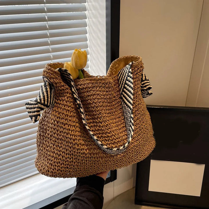Straw Beach Bag - Large Capacity Woven Tote With Knot Shoulder Straps, Summer 2026