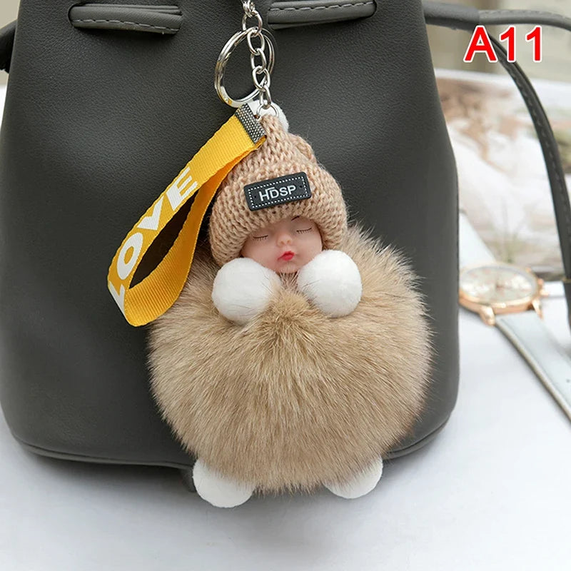 Pompom Sleeping Baby Keychain Plush Bag Charm Cute Gift