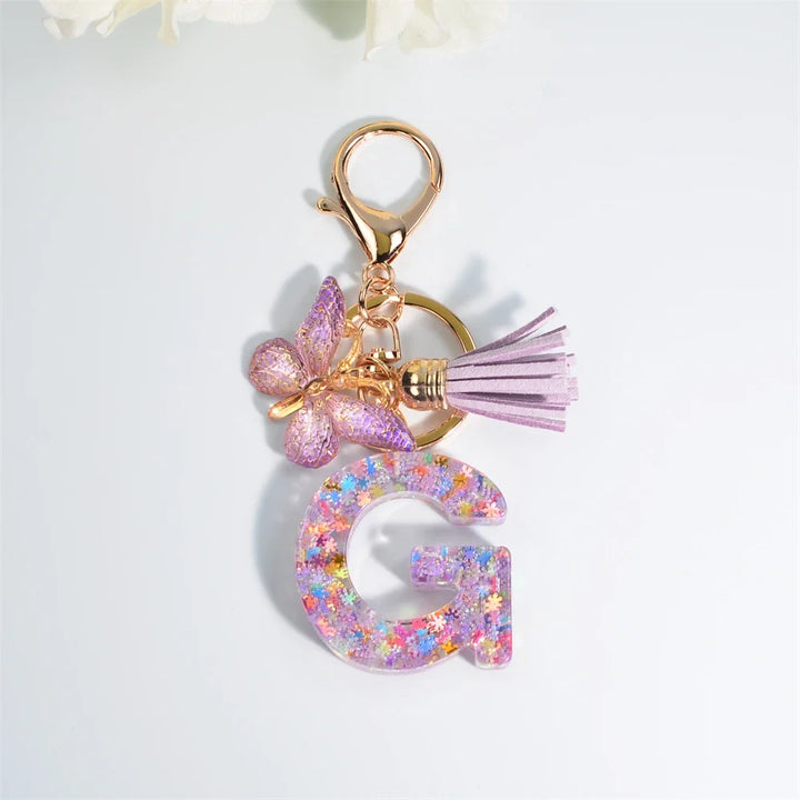 Sequin Letter Keychain With Butterfly Tassel Charm
