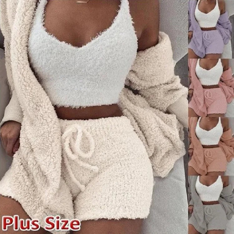 Fluffy Pajamas Set for Women Plus Size Tank Top Shorts Winter Sleepwear