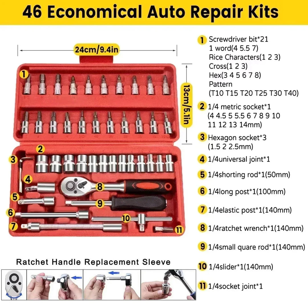 Metric Socket Wrench Set - Home Tools Car Mechanic Kit with Ratchet and Adapters