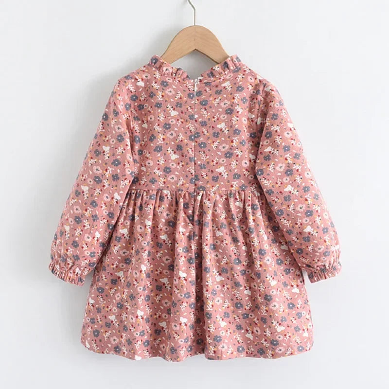 Soft Girls Dress – Long Sleeve Knee-Length, Floral Print, Cotton, Casual Autumn Wear