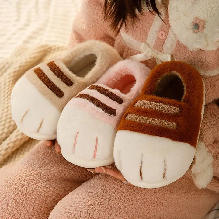 Warm cozy unisex slippers - cat-paw plush design, plush faux fur, indoor winter wear