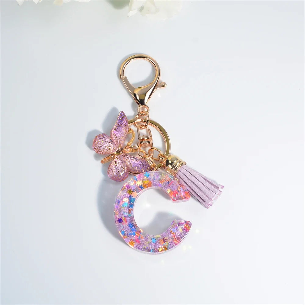 Sequin Letter Keychain With Butterfly Tassel Charm