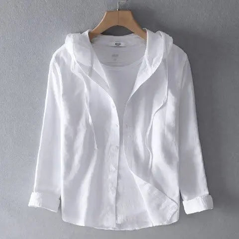 Spring Summer Solid Color Hooded Cotton Hemp Shirt Man Casual Cardigan