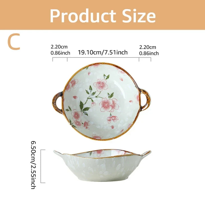 Ceramic 7.5 Inch Noodle Bowl With Handles Floral Porcelain