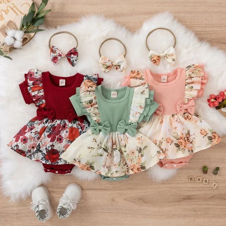 Soft baby girl dress - floral print, bowknot accents, cotton-elastane, summer wear