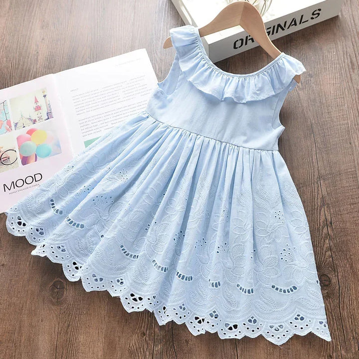 Lightweight girls’ dress – knee-length, floral eyelet, cotton, for parties and celebrations