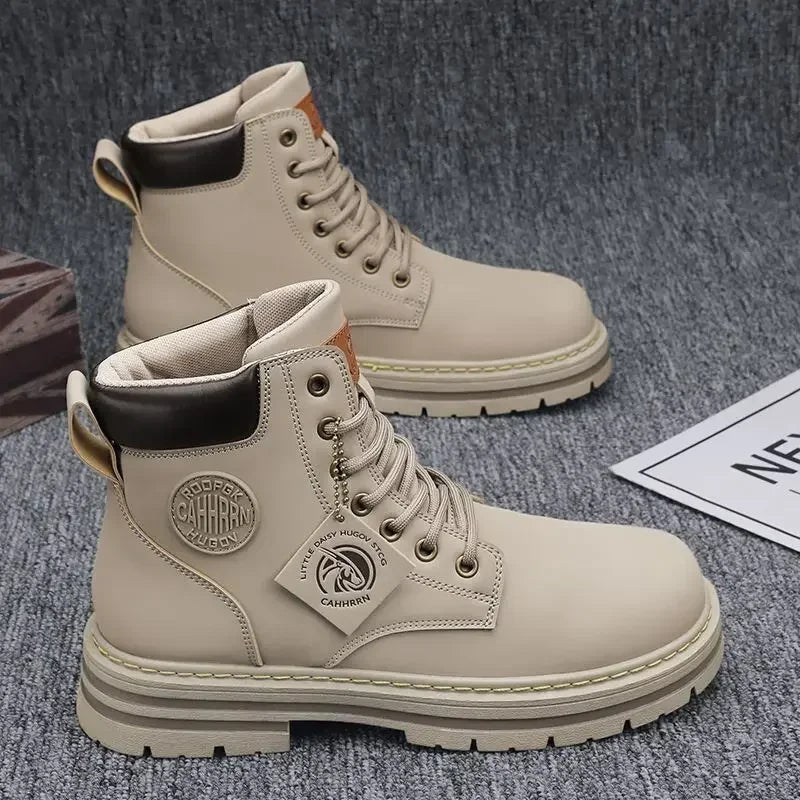 Retro Casual High Top Boots for Men - Winter Chunky Lace-Up Motorcycle Ankle Footwear