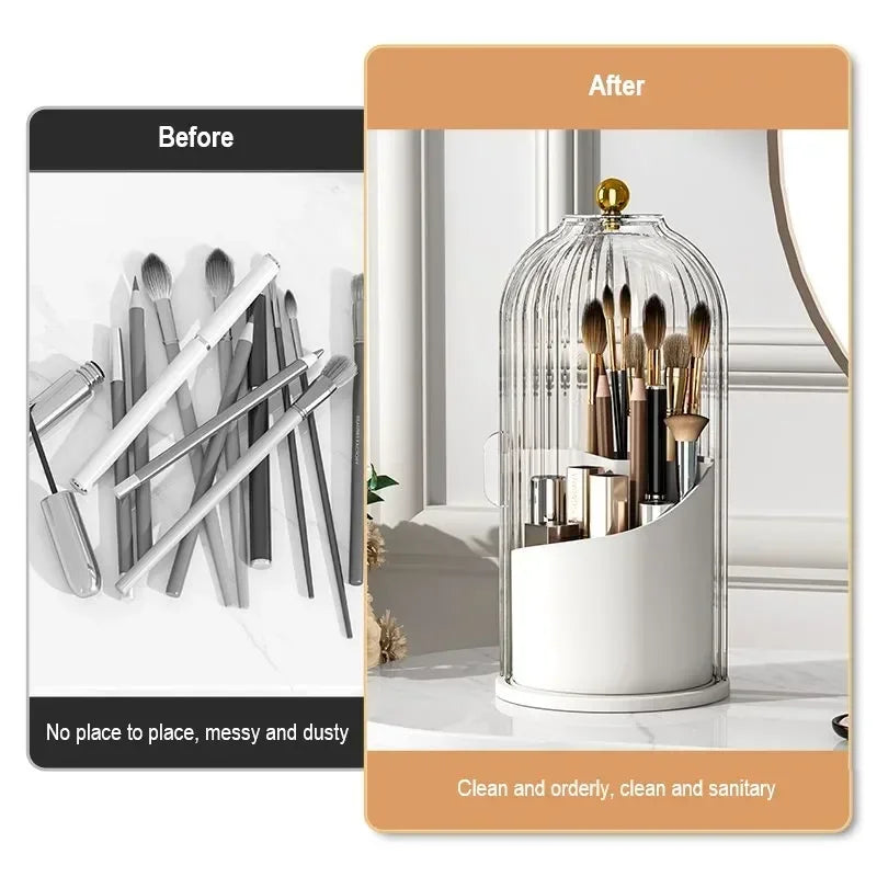 Rotatable Cosmetic Organiser - Transparent Dustproof Makeup Holder for Brushes &amp; Lipsticks
