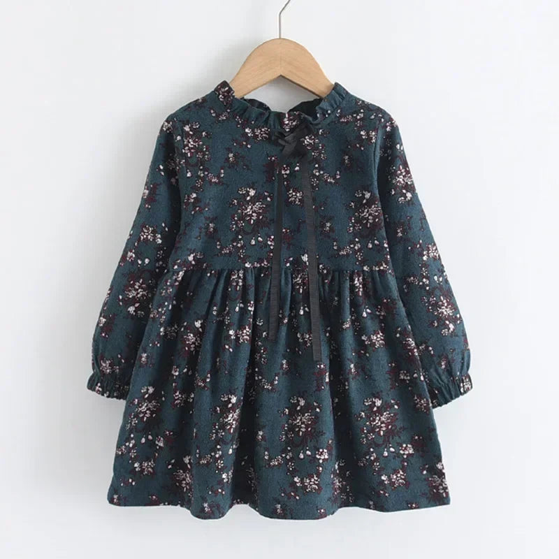 Soft Girls Dress – Long Sleeve Knee-Length, Floral Print, Cotton, Casual Autumn Wear