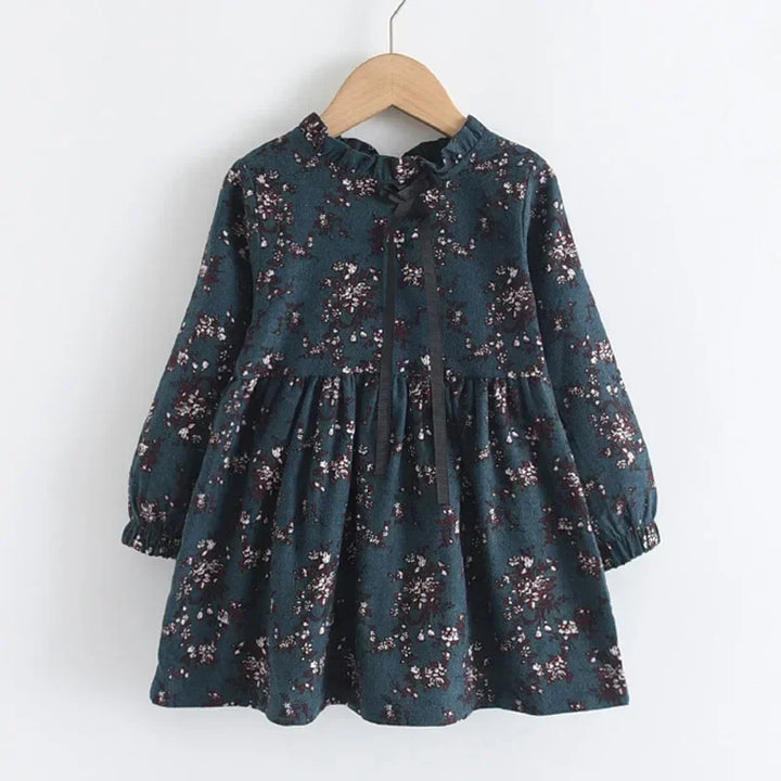 Soft Girls Dress - Long-Sleeve Knee-Length Floral Print, Cotton, For Casual Wear