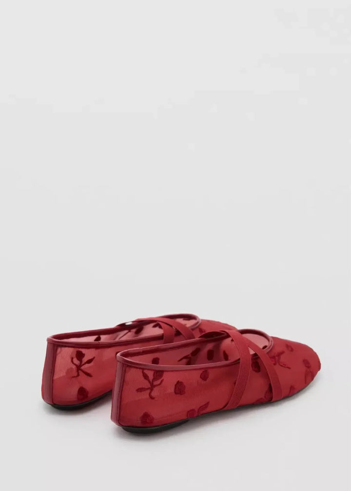 Lightweight Women Ballet Flats - Mary Jane, Embroidered Mesh