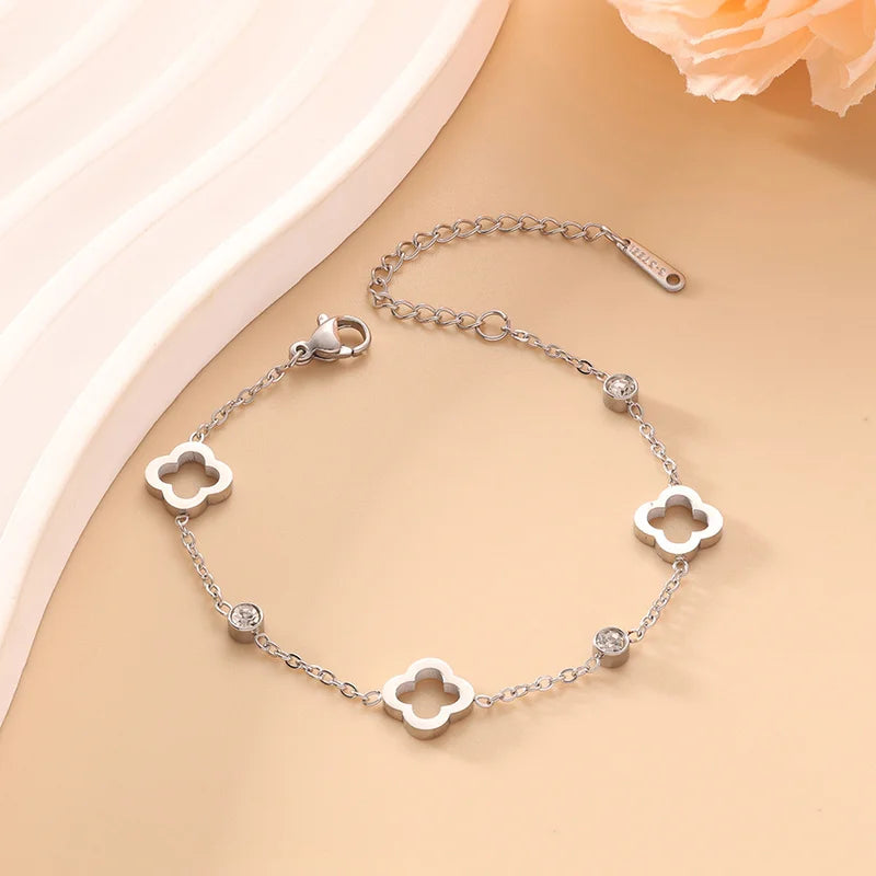 Clover Flower Stainless Steel Bracelet Set Gold Gift
